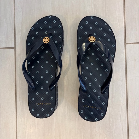 Tory Burch Shoes - Tory Burch Black Flip Flops with Light Blue Dot Print and Gold Logo